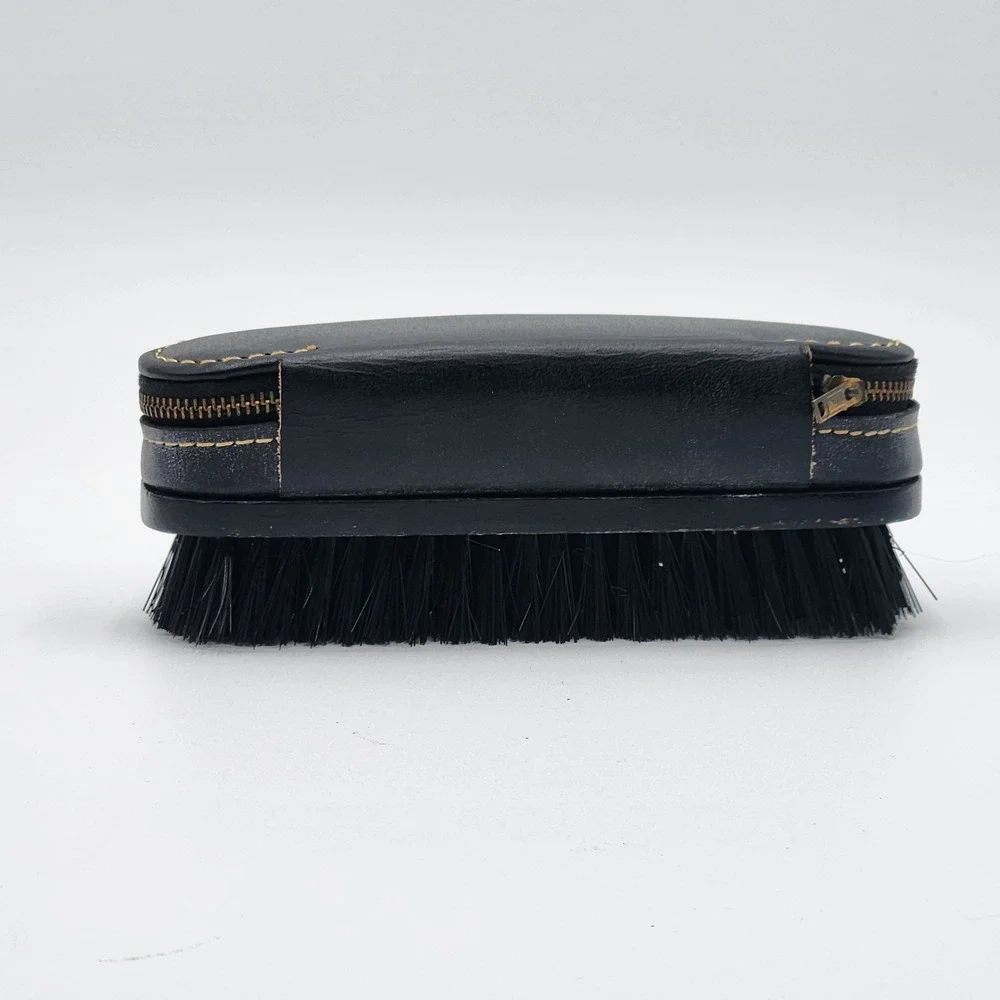 Vintage Swank Black Leather Shoeshine Brush Zip Around Top Men‎ Travel Groom Kit